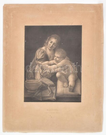Giovanni Antonio Boltraffio (1467-1516) festménye után, Carl Eduard Büchel (1835-1903) metszése: Mária gyermekével, 1874. Rézmetszet, papír. Jelzett a metszetet alatt nyomtatva. Foltos, kissé sérült. Eredetije az orsz. képtár tulajdona