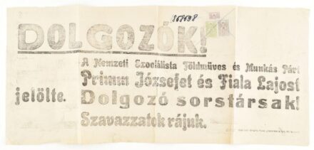 1934 A Nemzeti Szocialista Földműves és Munkáspárt felhívása a dolgozókhoz, hajtott, szakadással, 26×57 cm