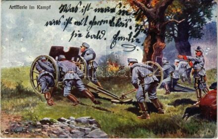 K.u.k. Artillerie im Kampf / Osztrák-magyar tüzérség. Offizielle Karte für Rotes Kreuz, Kriegsfürsorgeamt Kriegshilfsbüro No. 131. s: H. Schnorpfeil
