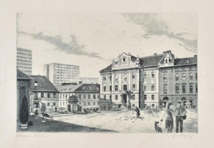 Jurida Károly (1935-2009): Óbudai főtér. Rézkarc, papír, jelzett. Feltekerve, kisebb foltokkal, gyűrődésekkel, 29,5x19,5 cm