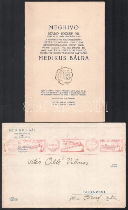 1928, 1943 Meghívó medikus bálra eredeti borítékkal + szittya medikus farsangi teára