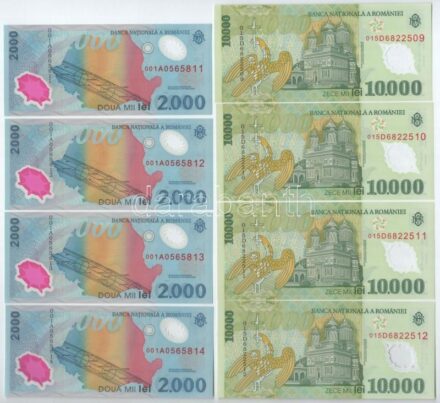 Románia 1999. 2000L 'Napfogyatkozás' (4x, sorszámkövető) + 2000. 10.000L (4x, sorszámkövető) T:I Romania 1999. 2000 Lei 'Solar eclipse' (4x, consecutive serials) + 2000. 10.000 Lei (4x, consecutive serials) C:UNC