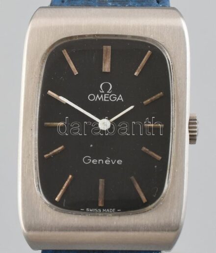 Omega mechanikus férfi karóra, kék bőr szíjjal, működik, kopott, d:27mm