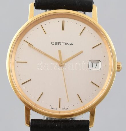 Arany (Ag/18k) Certina quartz szerkezetű férfi karóra, karcokkal, dátumkijelzős, bőr szíjjal, hátulján véset: Lars Anderson, működik, d:35mm, jelzett, nettó: cca. 10g