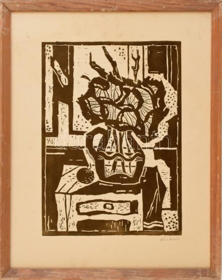 Kádár György (1912-2002): Csendélet. Linómetszet, dombornyomás, papír, jelzett. Kopott fa keretben. 34x25 cm