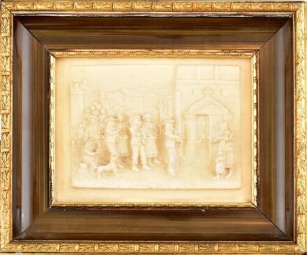 Csepkő falikép, búcsú jelenetes, fakeretben, jelzés nélkül, 10x13cm