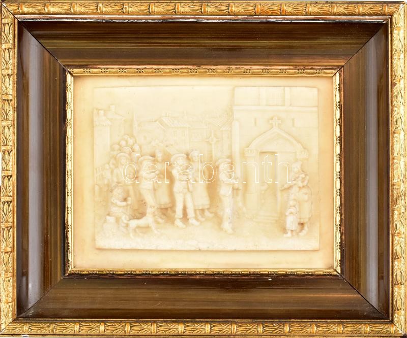 Csepkő falikép, búcsú jelenetes, fakeretben, jelzés nélkül, 10x13cm