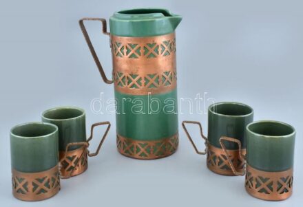 Jugendstil vizes készlet, 4 személyes, kerámia, réz, jelzés nélkül, m:9-23cm