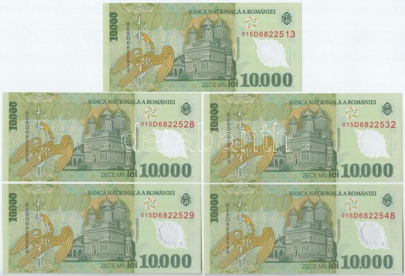 Románia 2000. 10.000L (5x, közeli sorszámok, közte egy sorszámkövető pár) T:I Romania 2000. 10.000 Lei (5x, close serials, within one pair of sequential serials) C:UNC Krause P#112 - Image 2