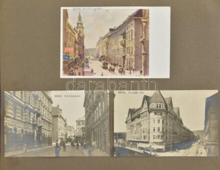Osztrák képeslapgyűjtemény - 74 db régi beragasztott képeslap albumban (Graz, Leoben, stb.) / Austrian postcard collection - 74 pre-1945 postcards glued in album (Graz, Leoben, etc...)