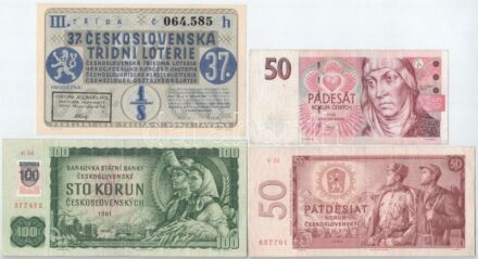 Csehszlovákia 1961. 100K szlovák bélyeggel + 1964. 50K + Csehország 1997. 50K + Csehszlovákia 1937. '37. Csehszlovák Osztálysorsjáték' 1/8 sorsjegye öt nyelven (3. osztály) T:I--III Czechoslovakia 1961. 100 Korun with Slovak stamp +