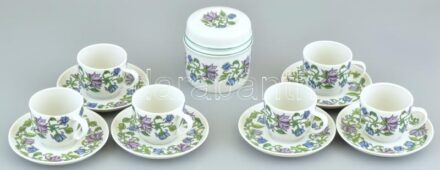 Hollóházi MALÉV szignós virág mintás kávés szett dobozban, matricás porcelán, jelzett, hibátlan.