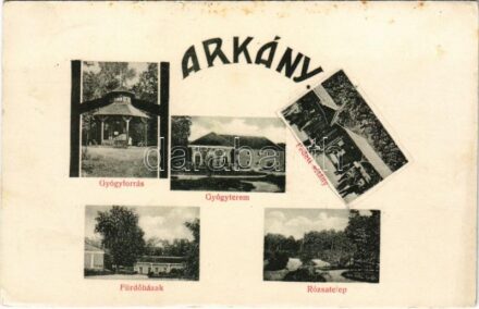 1913 Harkány, Gyógyforrás, Gyógyterem, Fedett sétány, fürdőházak, Rózsatelep. Szecessziós iniciálés lap (fl)