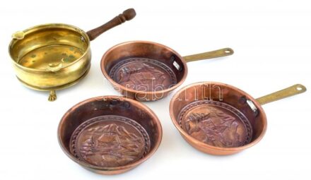 4db réz konyhai tál, kopott, jelzés nélkül, h:14-22cm