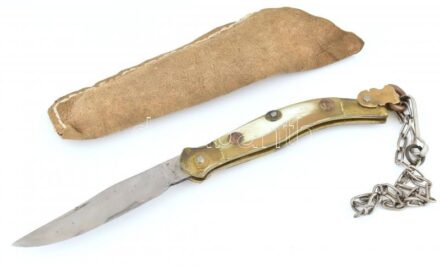 Válik féle vadász bicska, zsebkés, jelzett, bőr tokkal 22 cm Réz és szarú markolattal