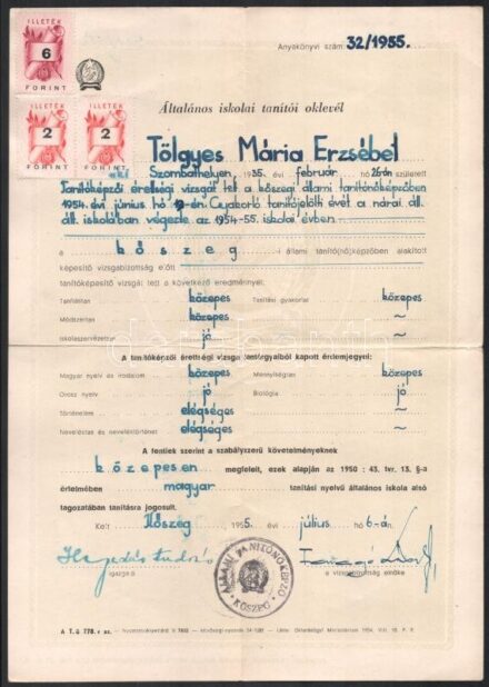 1952-1954 Kőszegi Óvónőképző oklevél és leckekönyv
