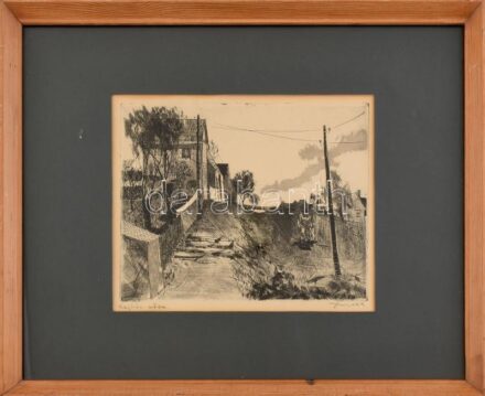 Jurida Károly (1935-2009): Lejtős út. Rézkarc, papír, jelzett. Üvegezett fa keretben. 21,5×27 cm