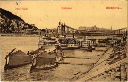 1911 Budapest V. Duna részlet, hajóállomás, gőzhajó (EK)