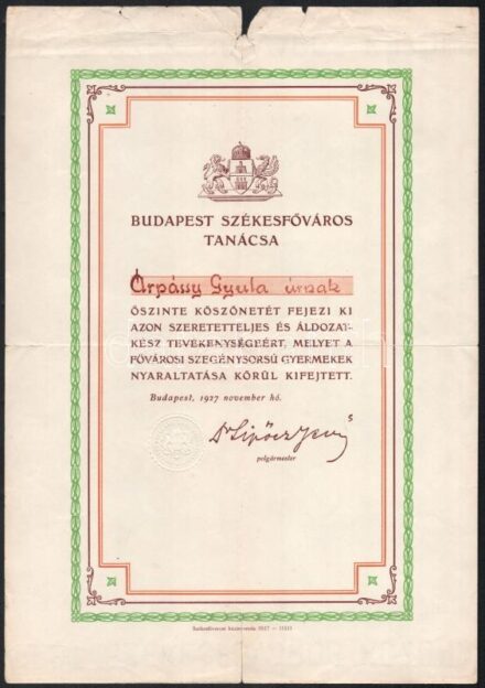 1927 Bp., Budapest Székesfőváros Tanácsa által kiadott oklevél