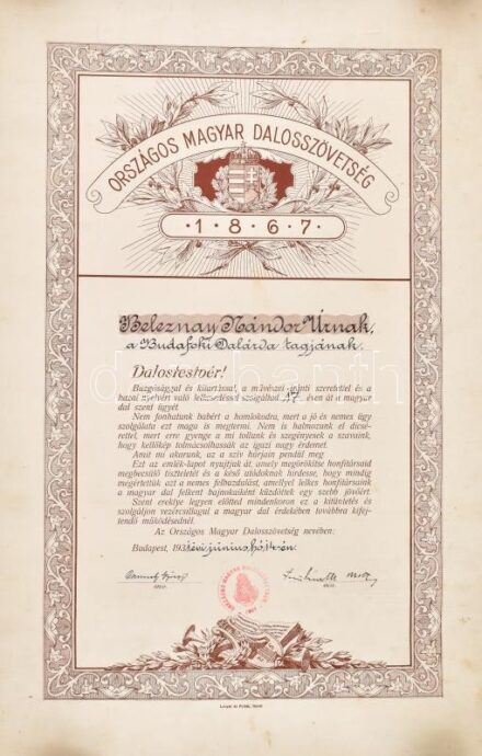 1931 Bp., az Országos Magyar Dalosszövetség oklevele Beleznay Nándor, a Budafoki Dalárda tagjának részére, aláírásokkal, pecséttel, feltekerve, helyenként apró foltokkal, 50x33 cm