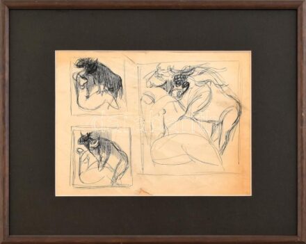 Jelzés nélkül: Erotikus jelenet. Golyóstoll, papír, sérült. Üvegezett fa keretben, 20x26 cm