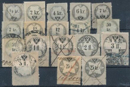 1858. Osztrák pénzügy igazgatás Magyarországon 18 db klf. illetékbélyeg