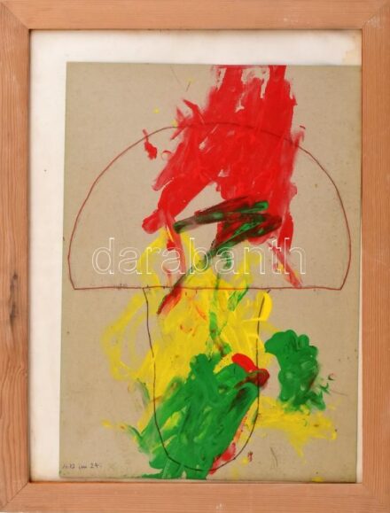 Jelzés nélkül: Piros, sárga, zöld. Akril, papír. Plexiüvegezett fa keretben, 35x25 cm