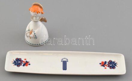 Hollóházi Mélyépterv tolltartó tálka h:22cm, angyalka, m:8,5cm, kopott, jelzett.