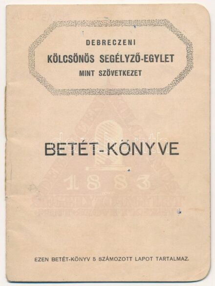 1946. 'Debreczeni Kölcsönös Segélyző-Egylet mint Szövetkezet' betét-könyve szárazpecséttel, egy része kitöltve. Használt, de jó állapotban.