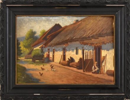 Karczaghy jelzéssel, XX. sz. első fele: Falusi udvar. Olaj, karton. Dekoratív, sérült fa keretben. 24,5x35