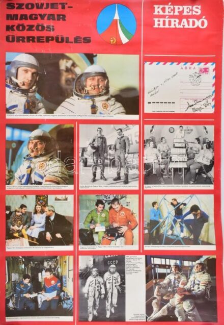 1980 Szovjet-magyar közös űrrepülés, Farkas Bertalan és Magyari Béla űrhajósokat ábrázoló Képes Híradó plakát, sérült, ragasztott, 97x66 cm
