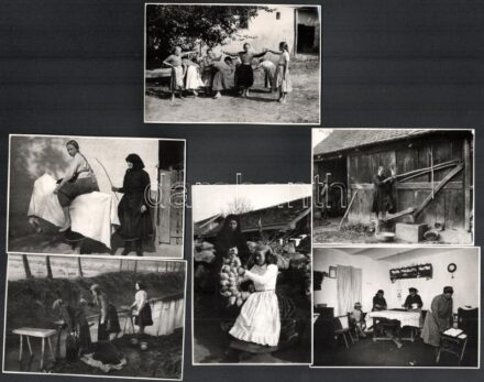 cca 1940-1950 Vegyes néprajzi fotó tétel, 6 db, rajta játszó kislányokkal, konyhában sütögető asszonyokkal és olvasó kisfiúval, falu szélén a pataknál ruhát mosó asszonyokkal..stb., jelzések nélkül, hullámosak, 8x11 cm és