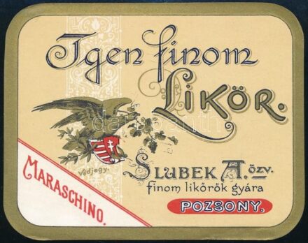 Slubek A. özv. Finom Likőrök Gyára Pozsony italcímke