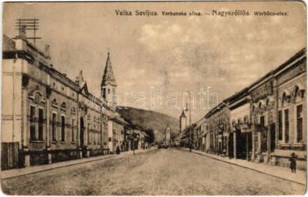 Nagyszőlős, Nagyszőllős, Vynohradiv (Vinohragyiv), Sevljus, Sevlus; Verbanksa ulica / Werbőcz utca, bank, üzletek. Czukermán Károly kiadása / street view, bank, shops (kopott sarkak / worn corners)