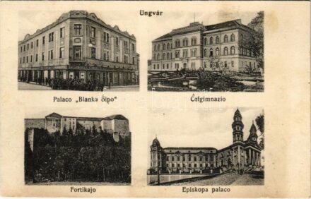 Ungvár, Uzshorod, Uzhhorod, Uzhorod; Palaco 'Blanka Sipo', Cefgimnazio, Fortikajo, Episkopa palaco / Rosenfeld S., Steinfeld Dezső üzlete, Főgimnázium, vár, Püspöki palota / shops, grammar school, castle, bishop's palace (fl)