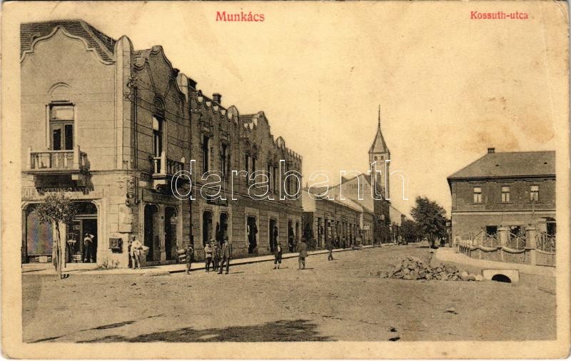 1912 Munkács, Mukacheve, Mukacevo; Kossuth utca, Berger Herman, Stark üzlete / street view, shops (EB)