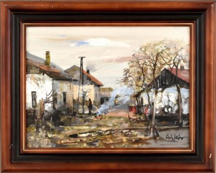 Csikós András (1947 - 2006): vásárhelyi tanyaudvar. Olaj, farost, jelzett, dekoratív fakeretben, 30x40cm