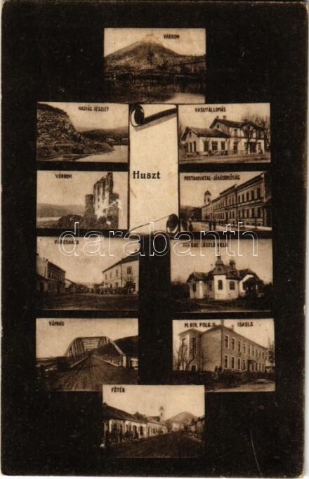 1918 Huszt, Chust, Khust; várrom, vasútállomás, Nagyág részlet, városháza, postahivatal, járásbíróság, Nyerge László villa, vámhíd, M. kir. polgári iskola, Fő tér. Berkovits kiadása / castle ruins, railway station, riverside,