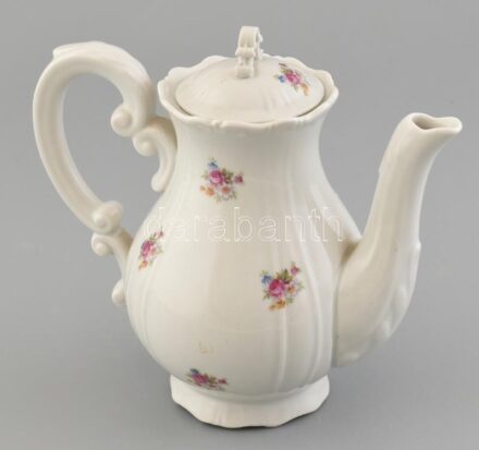 Zsolnay fedeles kiöntő, matricás, jelzett, kopásokkal, a fedélen tűzrepedéssel. m: 18 cm