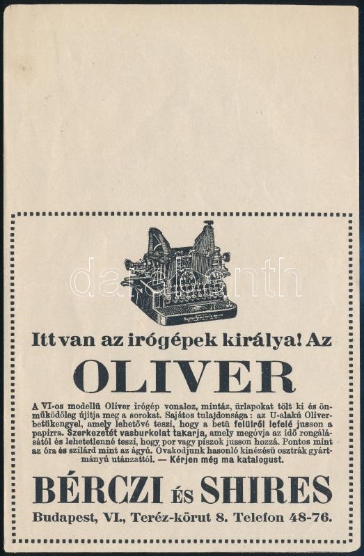 cca 1915 Bérczi és Shires Olivér írógépek szórólapja