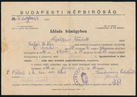 1946 Bp., Népbírósági idézés bűnügyben népellenes bűntett miatt
