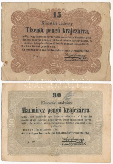 1849. 15kr + 30kr 'Kossuth bankó' T:III kis szakadások, folt, kis anyaghiány Adamo G102, G103