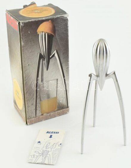 Alessi olasz design citromfacsaró, alumínium, jelzett, egyik lába sérült, javított, dobozában, m: 29 cm