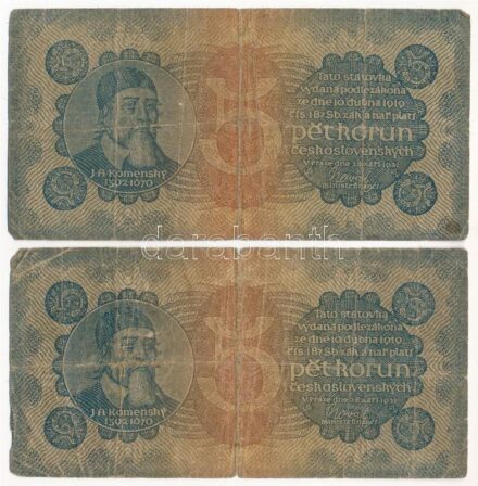 Csehszlovákia 1921. 5K '4. sorozat' + 5K '5. sorozat' T:III- kis szakadások, lyukak, folt Czechoslovakia 1921. 5 Korun 'Serie 4' + 5 Korun 'Serie 5' C:VG small tears, holes, spot Krause P#15