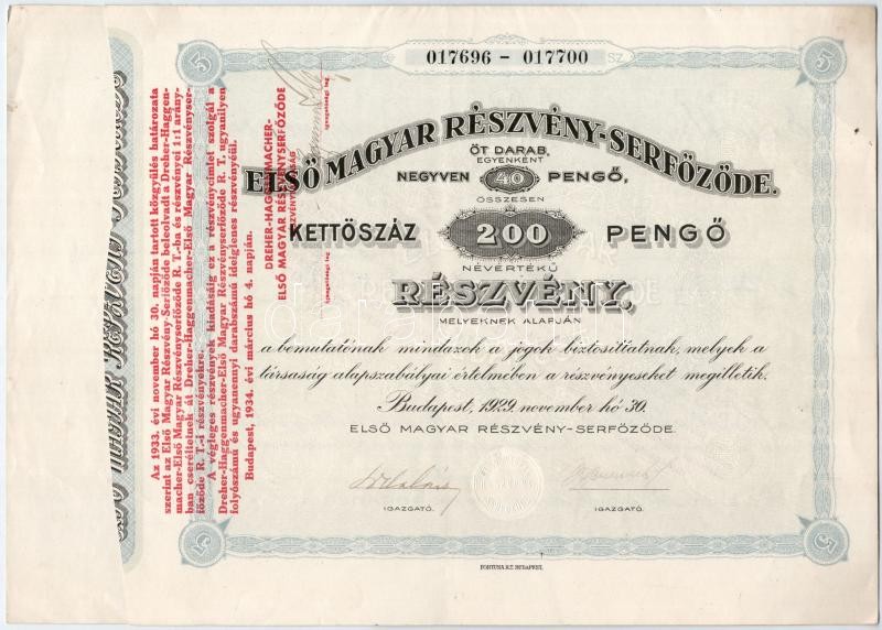 Budapest 1929. 'Első Magyar Részvény-Serfőzde' 5db részvénye egyben, összesen 200P-ről 'Dreher-Haggenmacher-Első Magyar Részvényserfőzöde R.T.' felülbélyegzésével, szelvényekkel és szárazpecséttel T:II-