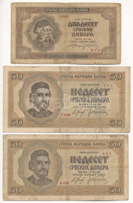 Szerbia / Német megszállás 1941. 20D + 1942. 50D (2x) T:III kis szakadások Serbia / German occupation 1941. 20 Dinara + 1942. 50 Dinara (2x) C:F small tears Krause P#25, #29