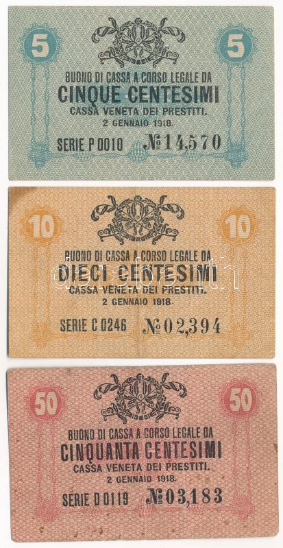 Olaszország / Velence / Osztrák-magyar megszállás 1918. 5c + 10c + 50c T:II-III foltok Italy / Venice / Austro-Hungarian occupation 1918. 5 Centesimi + 10 Centesimi + 50 Centesimi C:XF-F spots Krause P#M1-M3