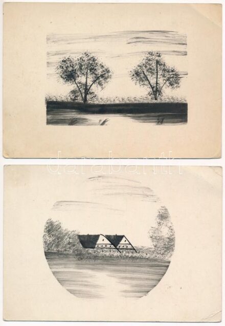 2 db RÉGI kézzel rajzolt képeslap / 2 pre-1945 hand-drawn postcards