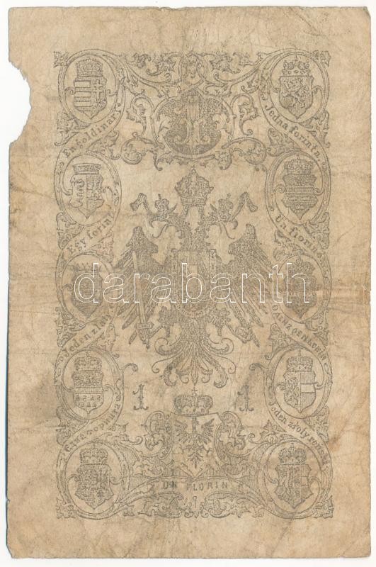 1866. 1G 'STN' vízjeles papíron, 'FL13' sorszámmal T:III,III- anyaghiány, folt Austrian Empire 1866. 1 Gulden on 'STN' watermark paper, 'FL13' serial C:F,VG material error, spot Adamo G97 - Image 2