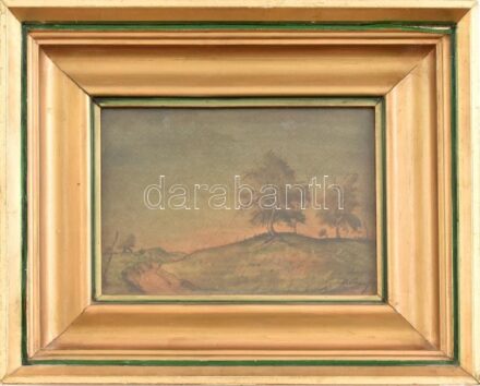 Rudnay jelzéssel: Dombos táj. Olaj, karton. Dekoratív, üvegezett, kissé sérült fa keretben, 16×22,5 cm